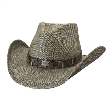 Bullhide Straw Western Cowboy Hat with Decorative Leather Cross Patch Bullhide Western Couture Distressed Cowboy Hat with Feather  main image 4