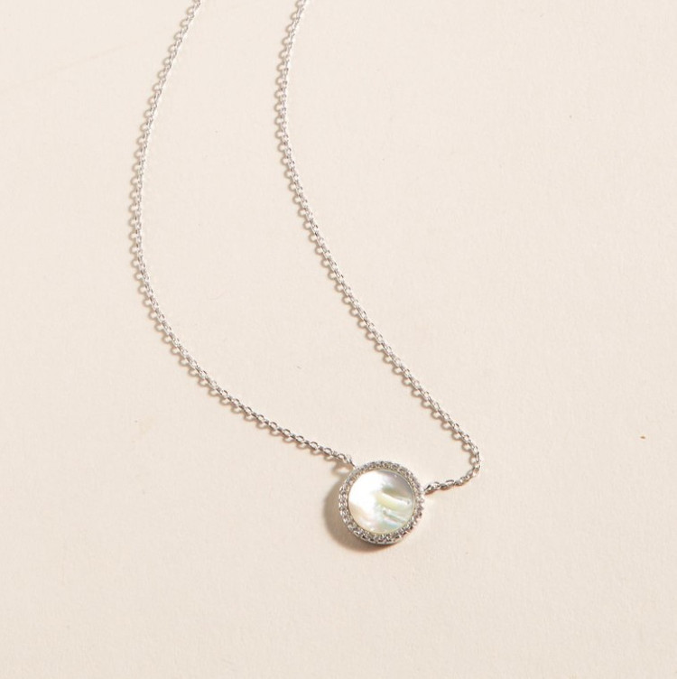 Pave Round Mother of Pearl Silver Necklace