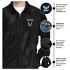 Officially Licensed US Navy Veteran Embroidered with Eagle and Anchor and Veteran text black fleece zip up jacket - infographic officially licensed by the US Navy and vetfriends.com exclusive design high quality thread embroidered design on 100 percent spun fleece jacket ultra soft and warm
