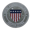 United States Space Force Challenge Coin with Delta and Shield shows graphic of red, white and blue shield with USSF and semper supra