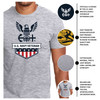 Officially Licensed U.S. Navy Eagle and Anchor Logo heather grey T-Shirt with American Flag, U.S. Flag on Sleeve infographic officially licensed by US Navy and vetfriends.com exclusive design heat transfer design soft durable fabric