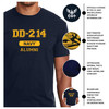 Officially Licensed by the United States Navy "DD-214 Navy Alumni" Navy Blue T-Shirt with American Flag on Sleeve infographic vetfriends.com exclusive design heat transfer design soft durable fabric