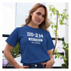 woman wearing Officially Licensed by the United States Air Force "DD-214 Alumni" Royal Blue T-Shirt with American Flag on Sleeve at office