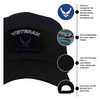 Officially Licensed by the U.S. Air Force Black 6 Panel Hat with USAF Hap Arnold Logo Veteran Patch infographic officially licensed by the USAF and vetfriends.com exclusive design high quality thread embroidered patch on 6 panel adjustable velcro backing to fit most sizes