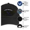 Officially Licensed by the U.S. Air Force Vintage Black Hat with USAF Hap Arnold Logo Veteran Patch infographic officially licensed by the USAF and vetfriends.com exclusive design high quality thread embroidered patch on vintage colored hat adjustable buckle backing to fit most sizes