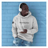 Man wearing Oath of Enlistment Graphic Grey Hoodie with Eagle Design and Reverse Flag on Sleeve listening to headphones