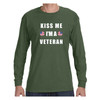 Kiss Me I'm A Veteran Long Sleeve Olive Drab T-Shirt with American Flag Shamrock Graphics front