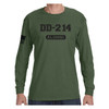 DD-214 Alumni Olive Drab Long Sleeve T-Shirt with American Flag on Sleeve front view