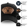us navy veteran hat leather patch infographic officially licensed by the US Navy and vetfriends.com exclusive design high quality leather patch design on cotton twill cotton material adjustable buckle backing to fit most sizes