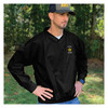 man wearing officially licensed us army veteran logo embroidered black windbreaker in spring fall weather