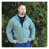 man wearing officially licensed us army veteran logo embroidered olive drab fleece jacket in backyard