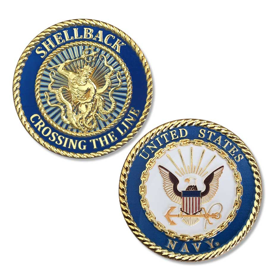 US Navy Challenge Coin with Shellback Crossing The Line Graphic