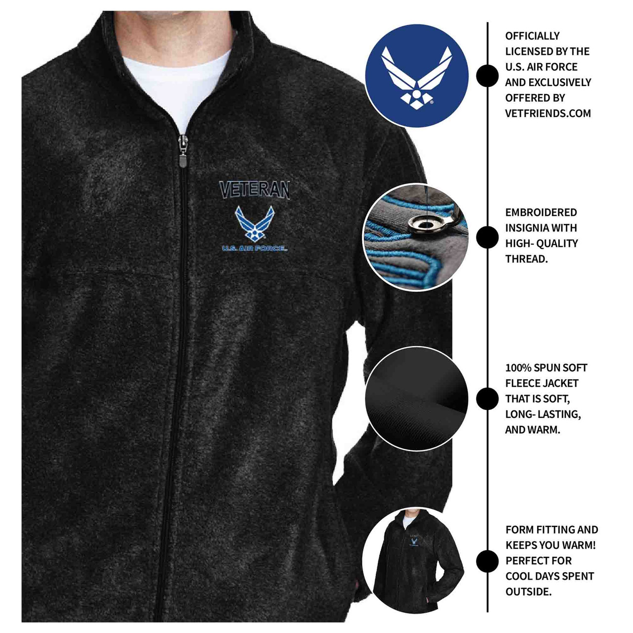 USAF Veteran Fleece Jacket - Embroidered Hap Arnold Wings