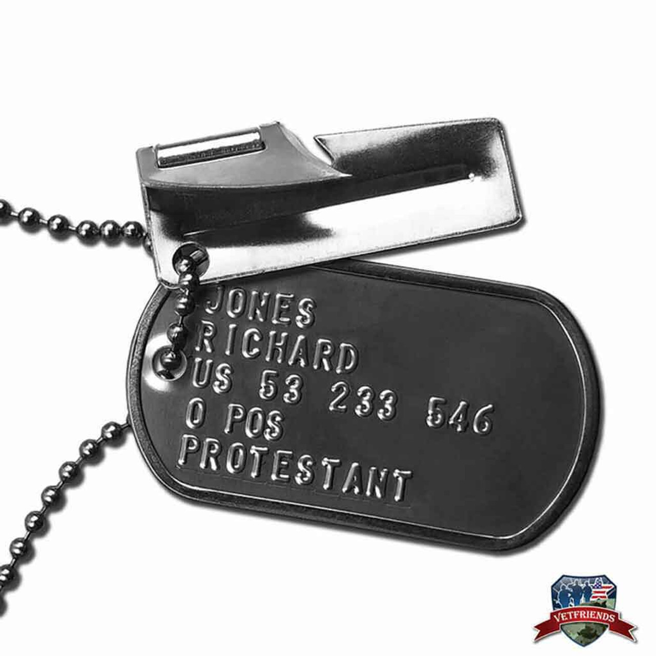 Personalized Military Dog Tag Set (Set Includes 2 Tags, 2 Chains, 2 Silencers & A Bonus P-38) - VetFriends