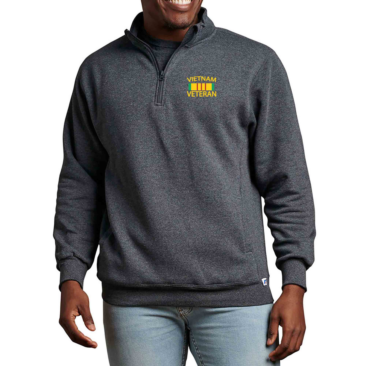 Vietnam Veteran Half Zip Pullover Sweatshirt with Embroidered Service Ribbon- charcoal color jacket