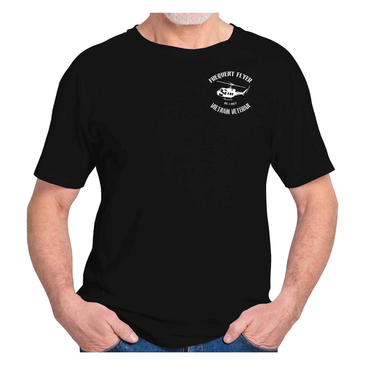 Vietnam Veteran Black T-Shirt with Frequent Flyer Text and Huey Graphic - front view