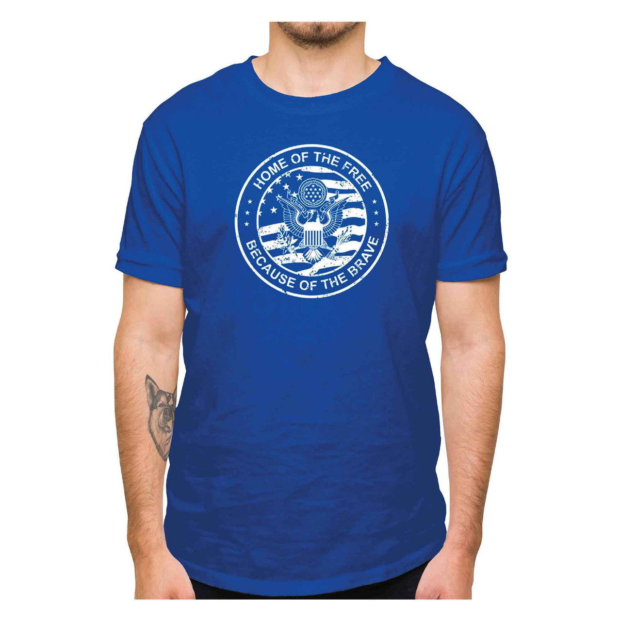 US Veteran T-Shirt with Home of the Free Because of the Brave Text: royal blue t shirt with white text - front view