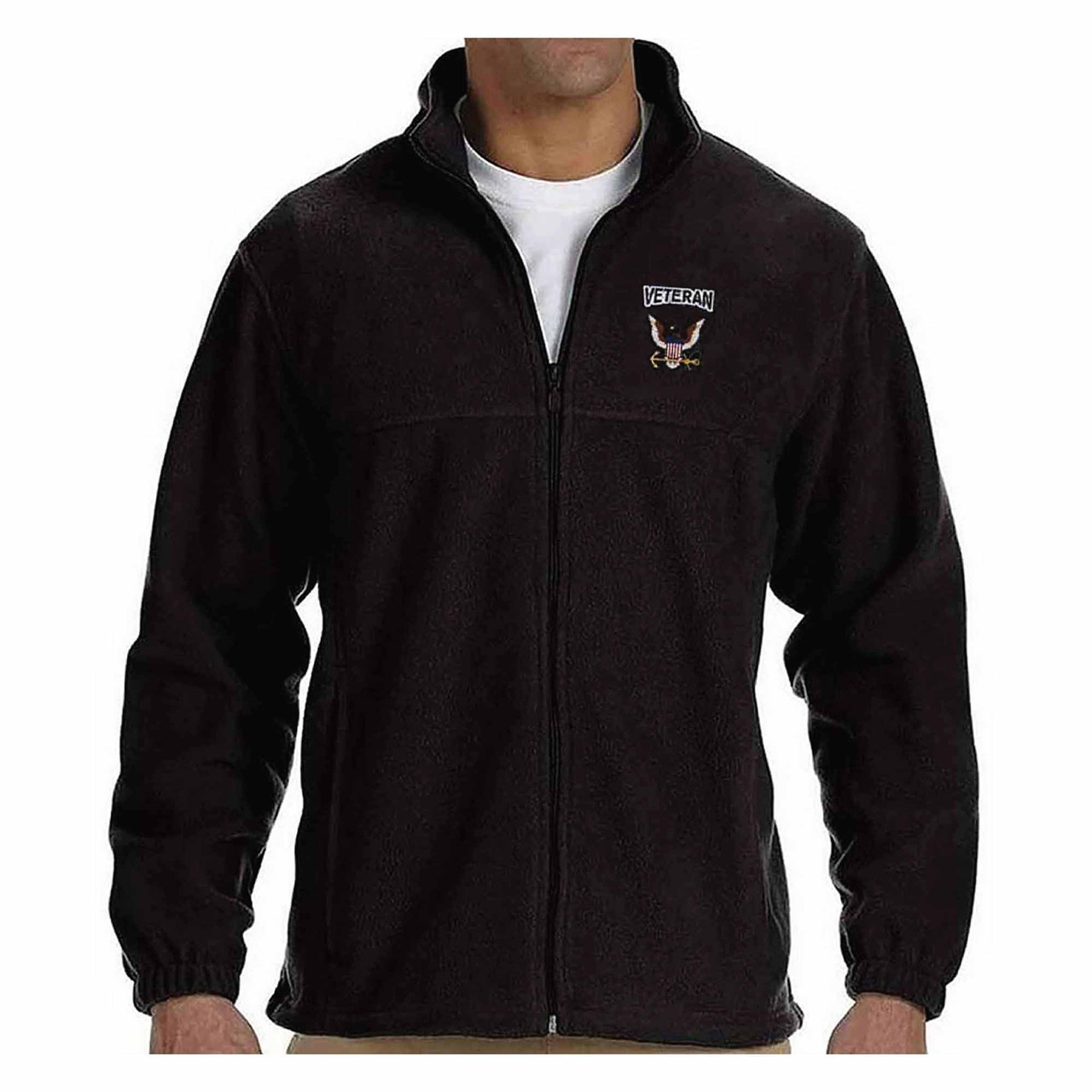 Officially Licensed US Navy Veteran Embroidered with Eagle and Anchor and Veteran text black fleece zip up jacket - front view
