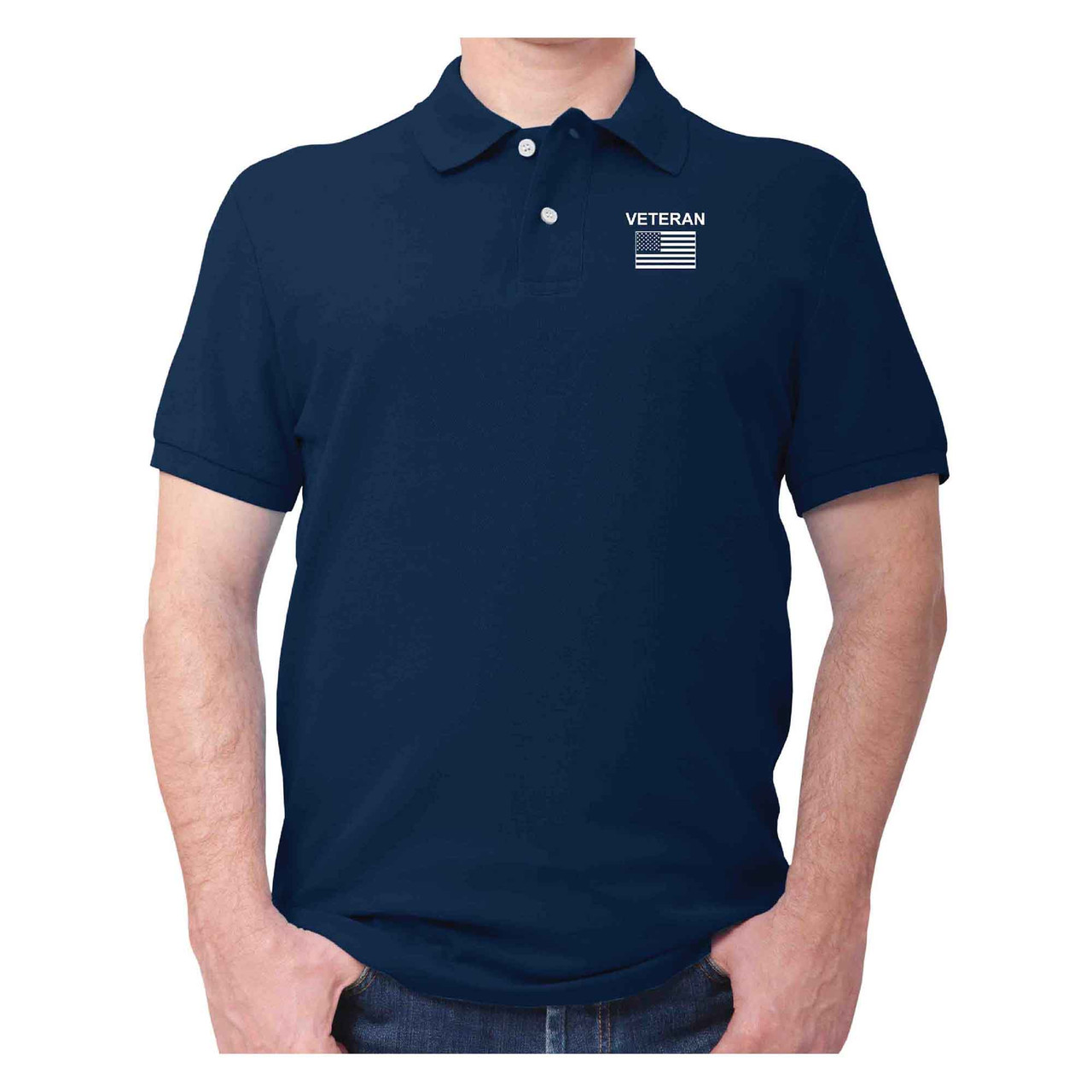 Embroidered American Flag and Veteran Polo navy blue shirt with white embroidered emblem - front view