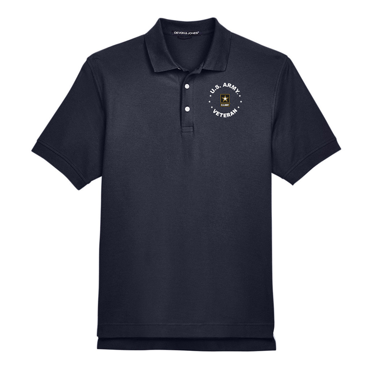 Officially Licensed U.S. Army Logo with Stars Veteran Polo on a black polo with black gold and white embroidery