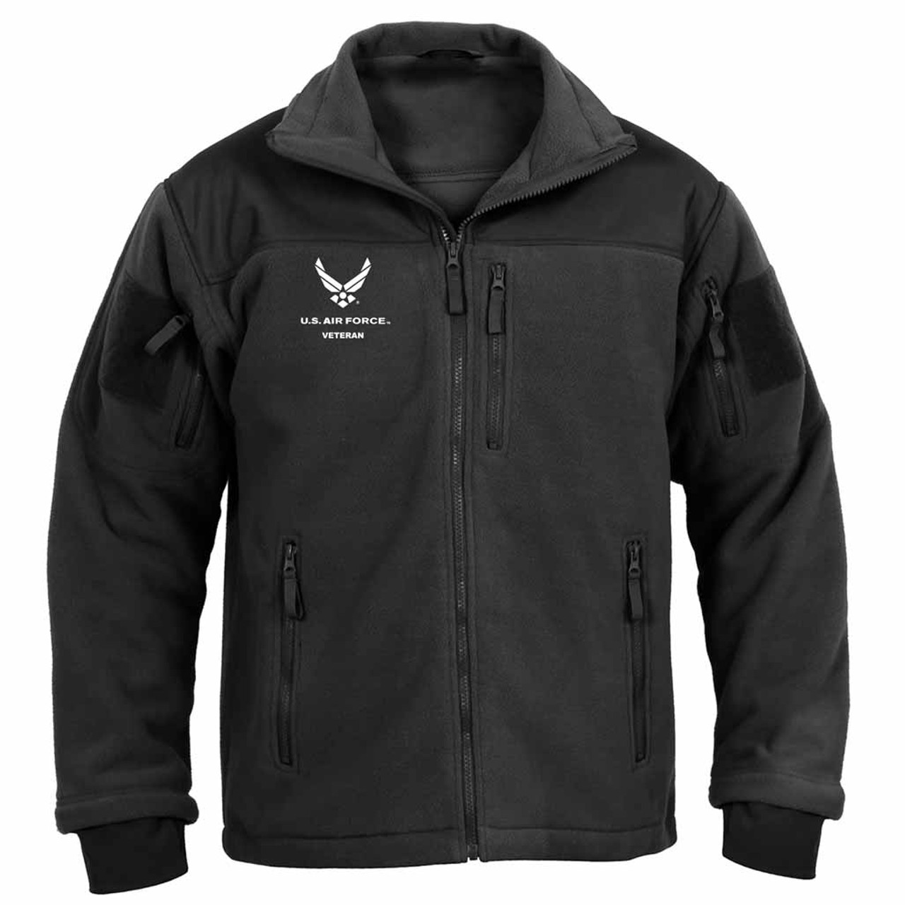 U.S. Air Force Special Ops Tactical Fleece Jacket with Hap Arnold Logo and USAF Veteran text: black jacket with white embroidery