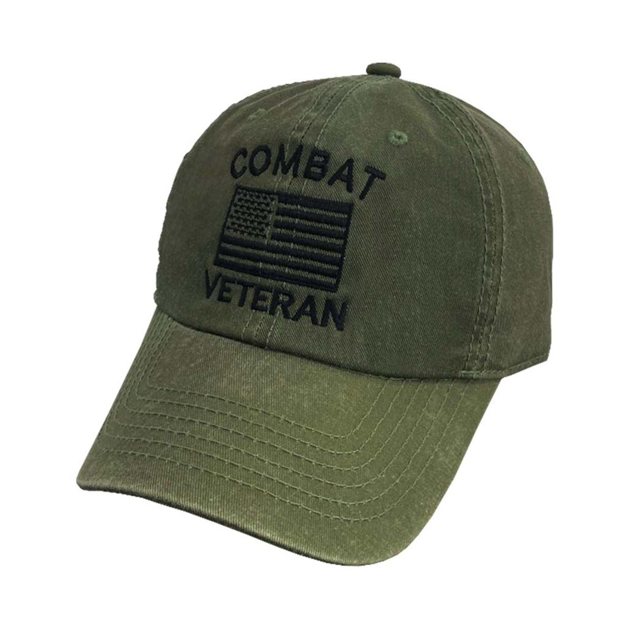 Combat Veteran and US Flag OD Vintage Embroidered Hat front view