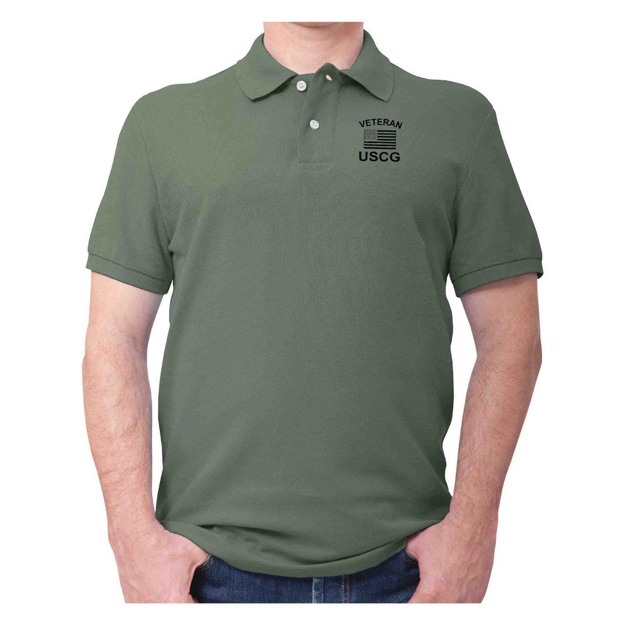 Officially Licensed U.S. Coast Guard Veteran Flag Polo: olive drab polo - front view Officially Licensed U.S. Coast Guard Veteran Flag Polo: olive drab polo - front view