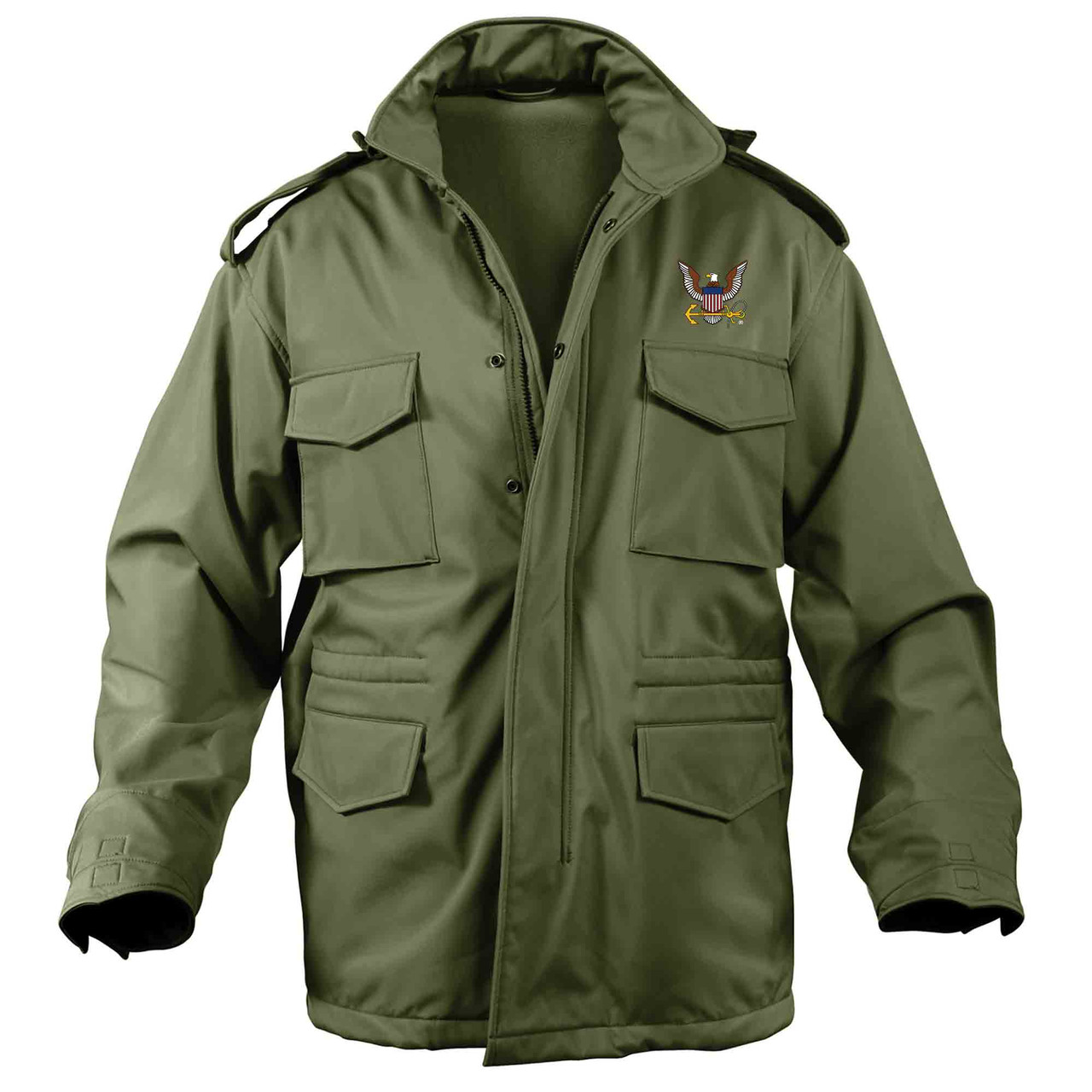 Custom Embroidered U.S. Navy Logo Soft Shell M-65 Tactical Jacket - design on the olive drab jacket Custom Embroidered U.S. Navy Logo Soft Shell M-65 Tactical Jacket - design on the olive drab jacket
