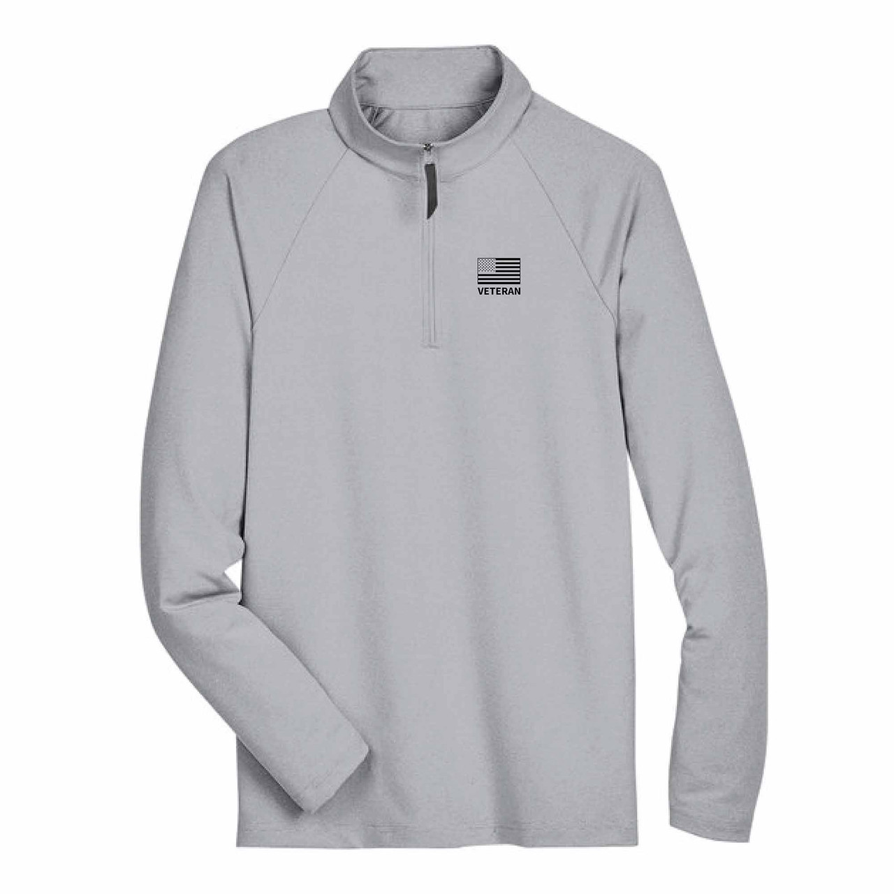 Classic Clubhouse Luxury Performance Micro-Stripe 1/4 zip w/ Embroidered Flag and Veteran Text- front of embroidered pullover