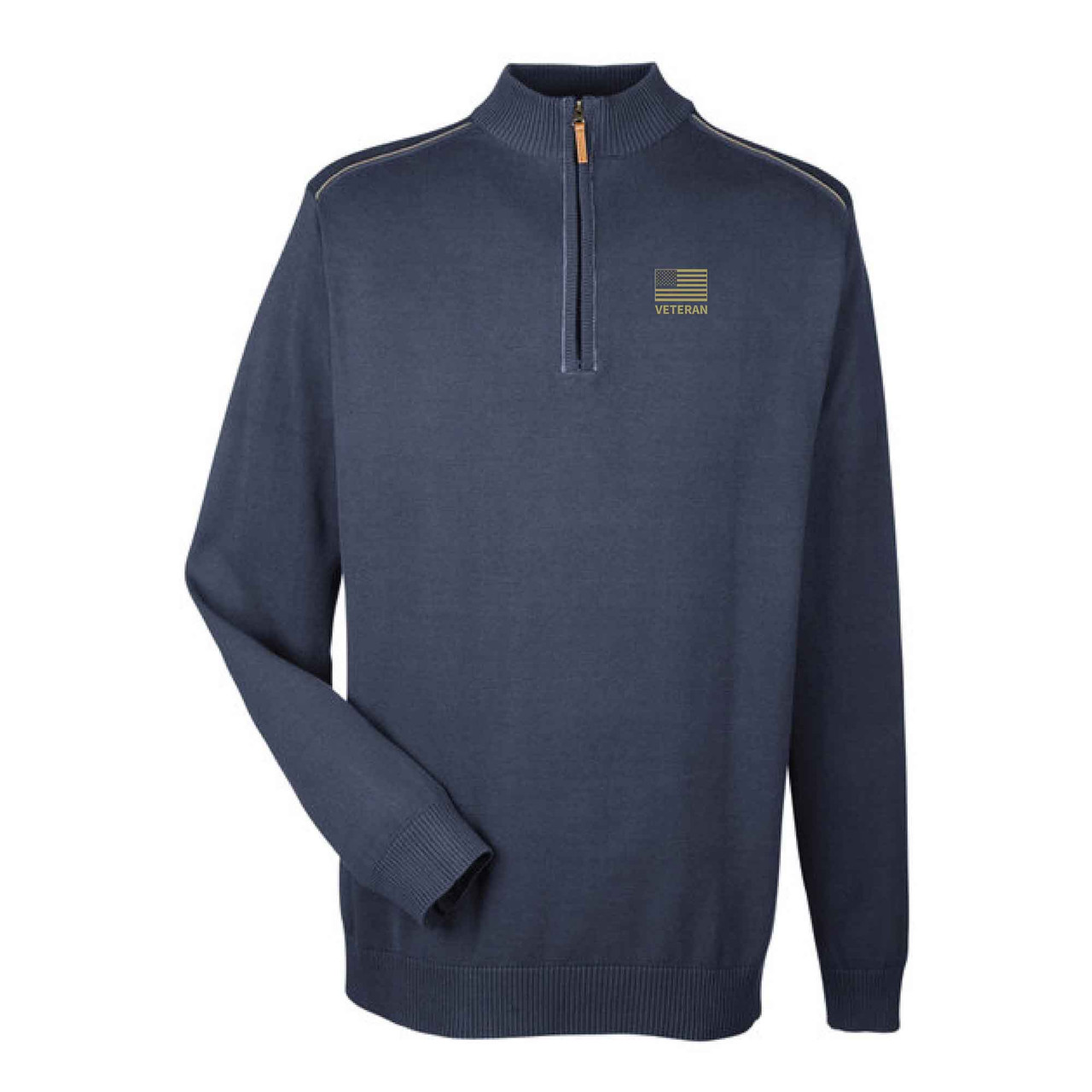 Clubhouse Classic Quarter Zip sweater with Embroidered Flag and Veteran Text