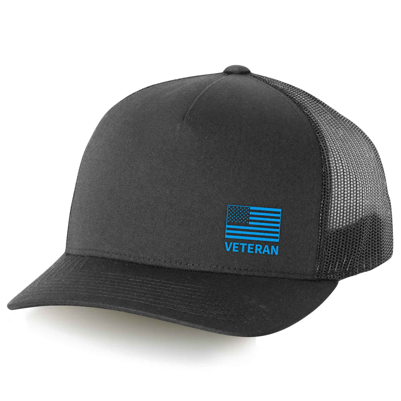 Clubhouse Classic Retro Hat with Embroidered Flag and Veteran Text- blue embroidery on charcoal hat