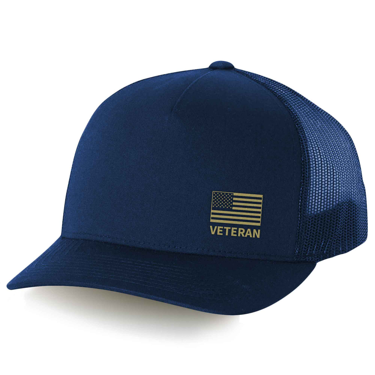 Clubhouse Classic Retro Hat with Embroidered Flag and Veteran Text - Navy Blue with gold embroidery