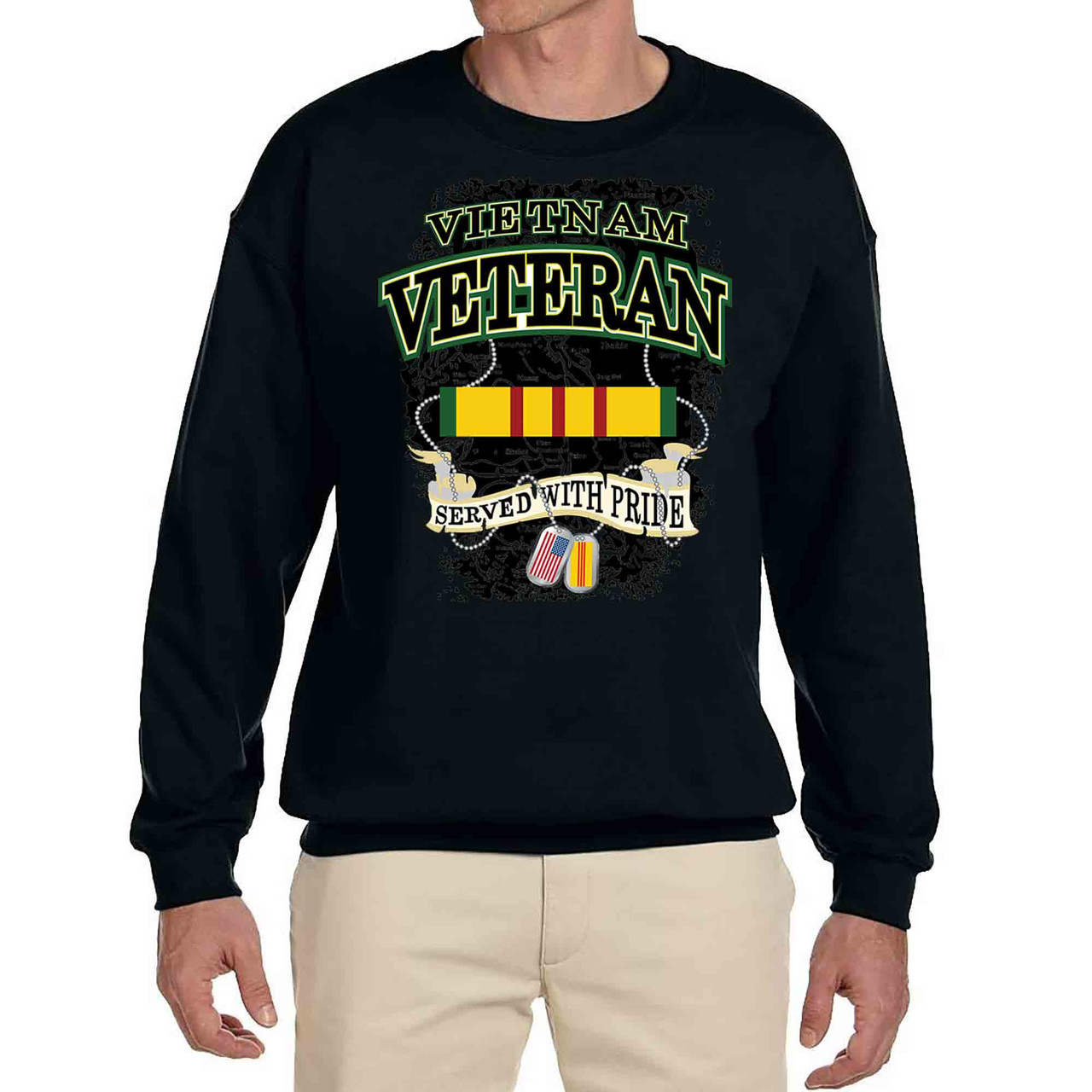 Vietnam Veteran Graphic Crewneck Sweatshirt with Map and Dog Tag Detail in black