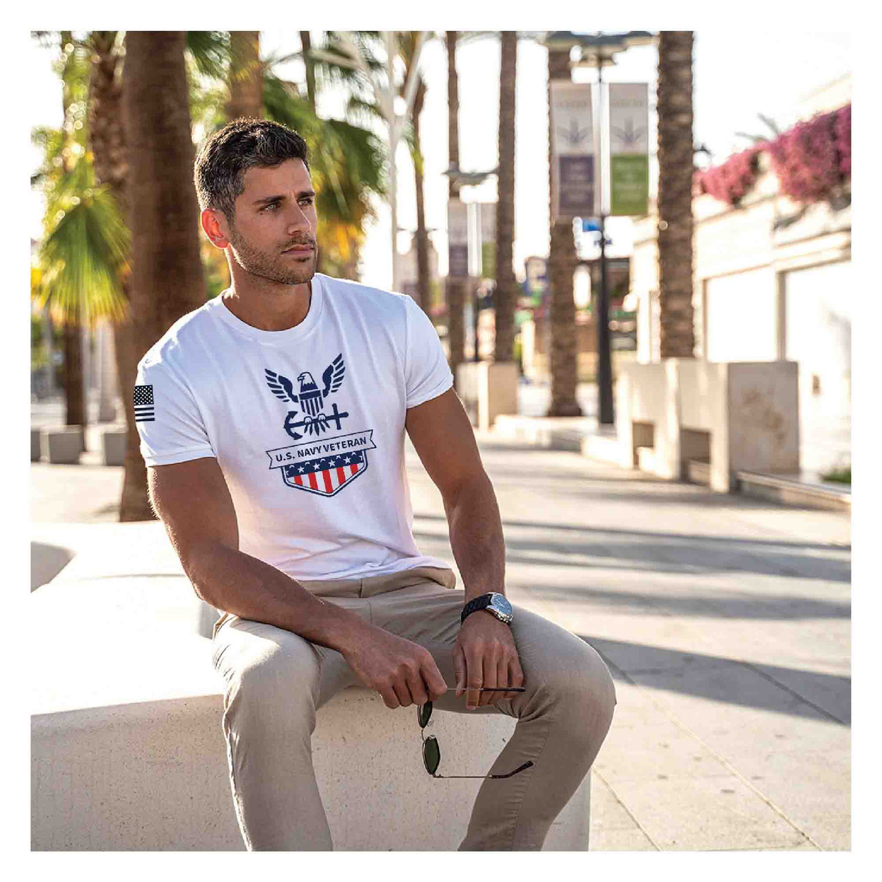 Officially Licensed U.S. Navy Eagle and Anchor Logo T Shirt with American Flag U.S. Flag on Sleeve