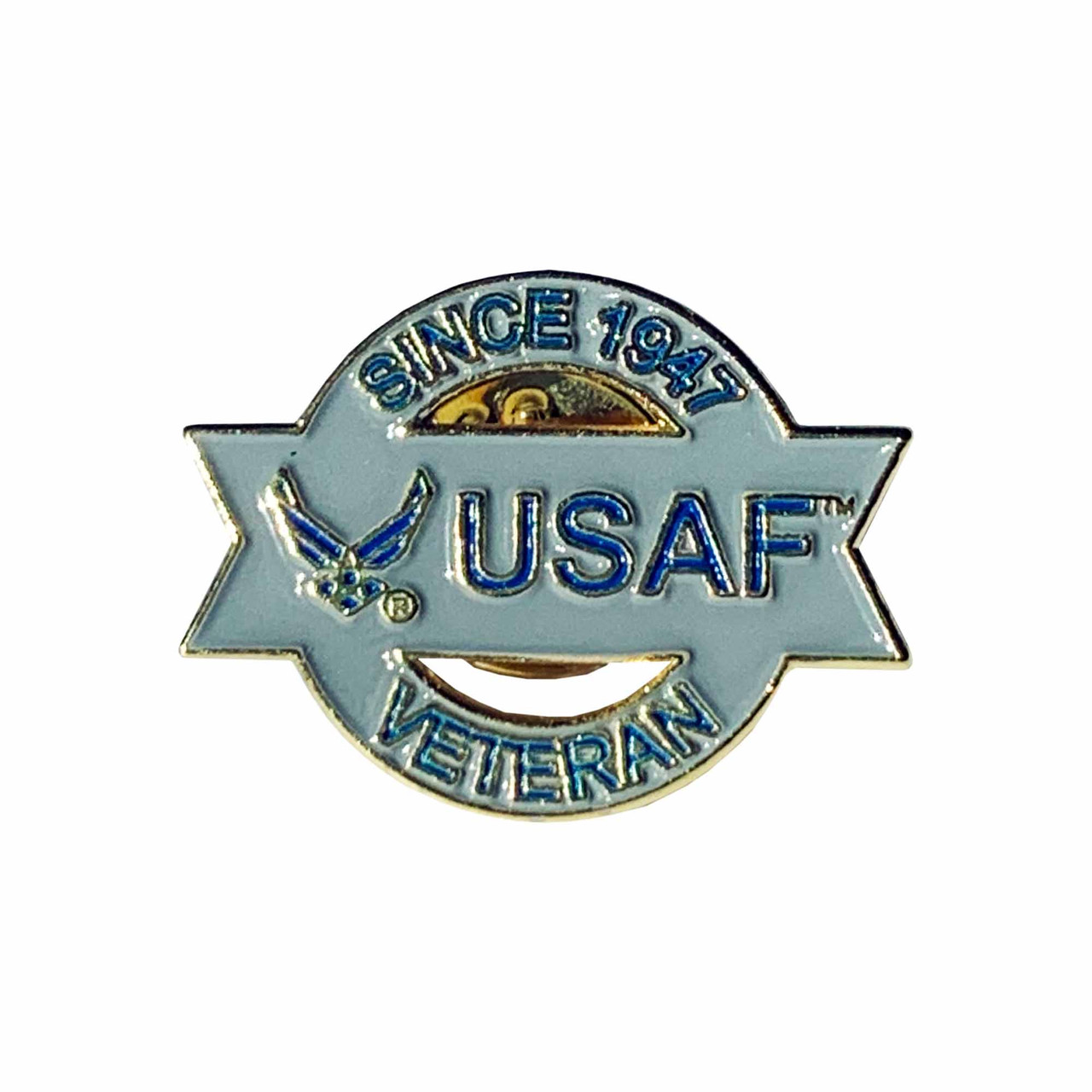 Officially Licensed United States Air Force Logo Lapel Pin with Veteran Since 1947 front view
