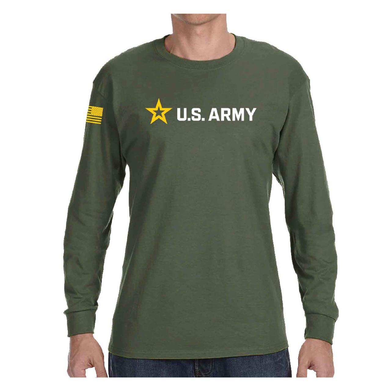 NEW Officially Licensed United States Army Logo and New Slogan on Graphic Olive Drab Long Sleeve Shirt front view