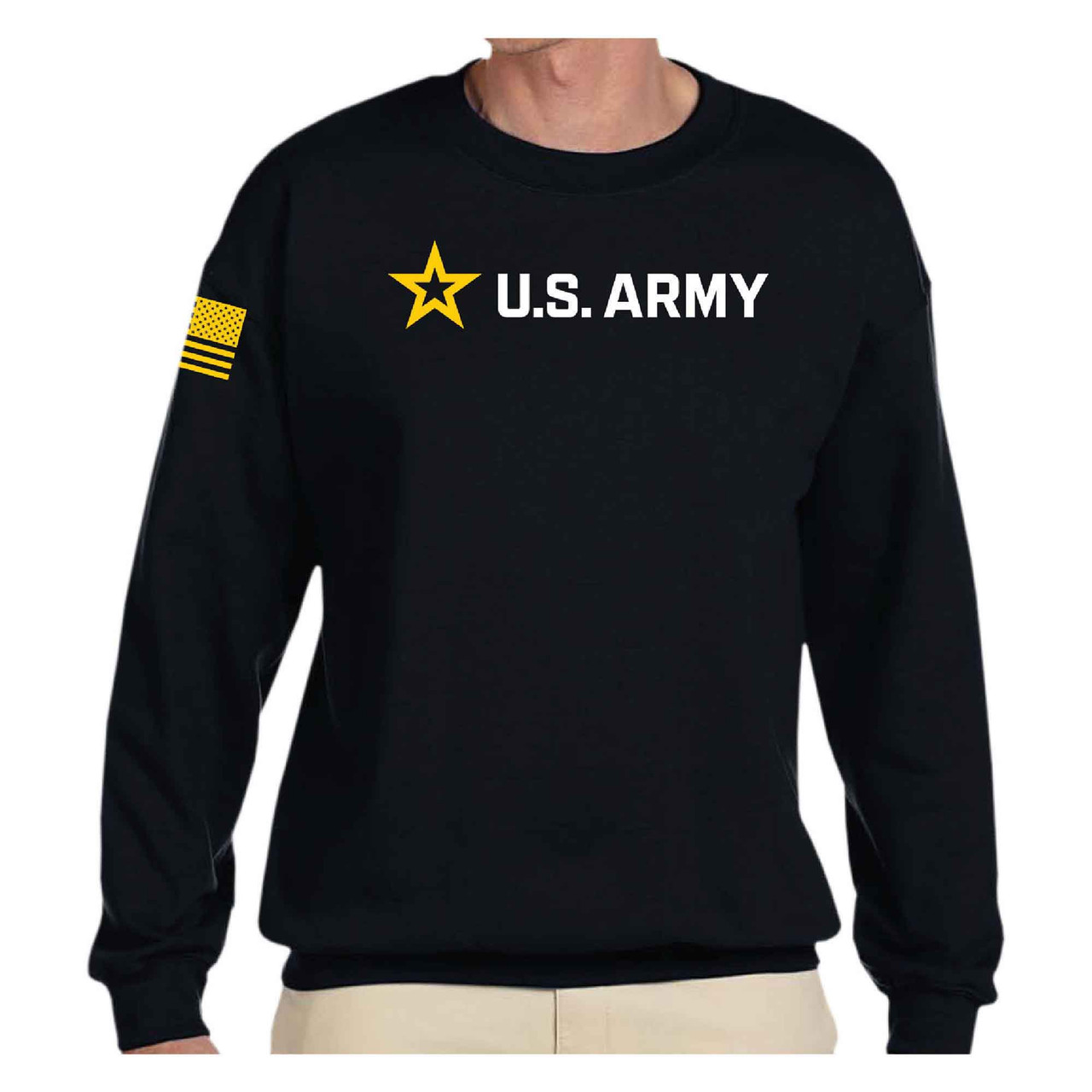 NEW Officially Licensed United States Army Logo and Slogan on Graphic Black Crewneck Sweatshirt front view