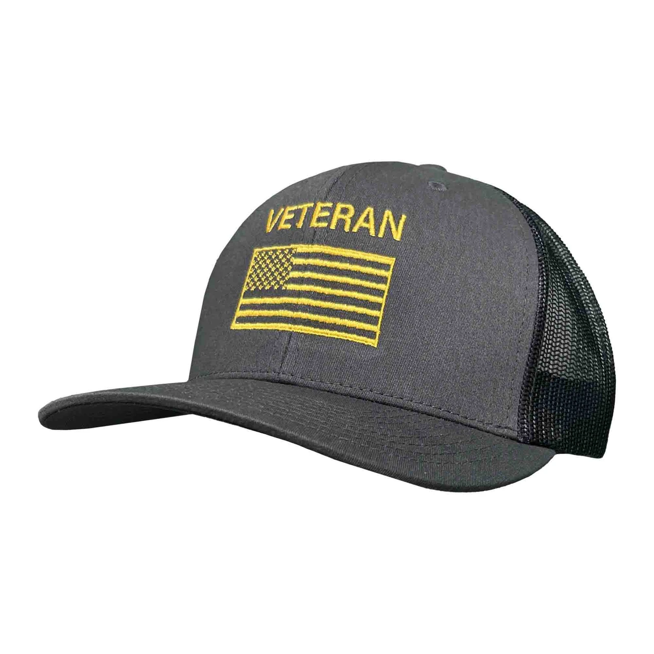 American Flag Graphic And Veteran Text Yellow Embroidered Grey and Black Mesh Back Hat main view