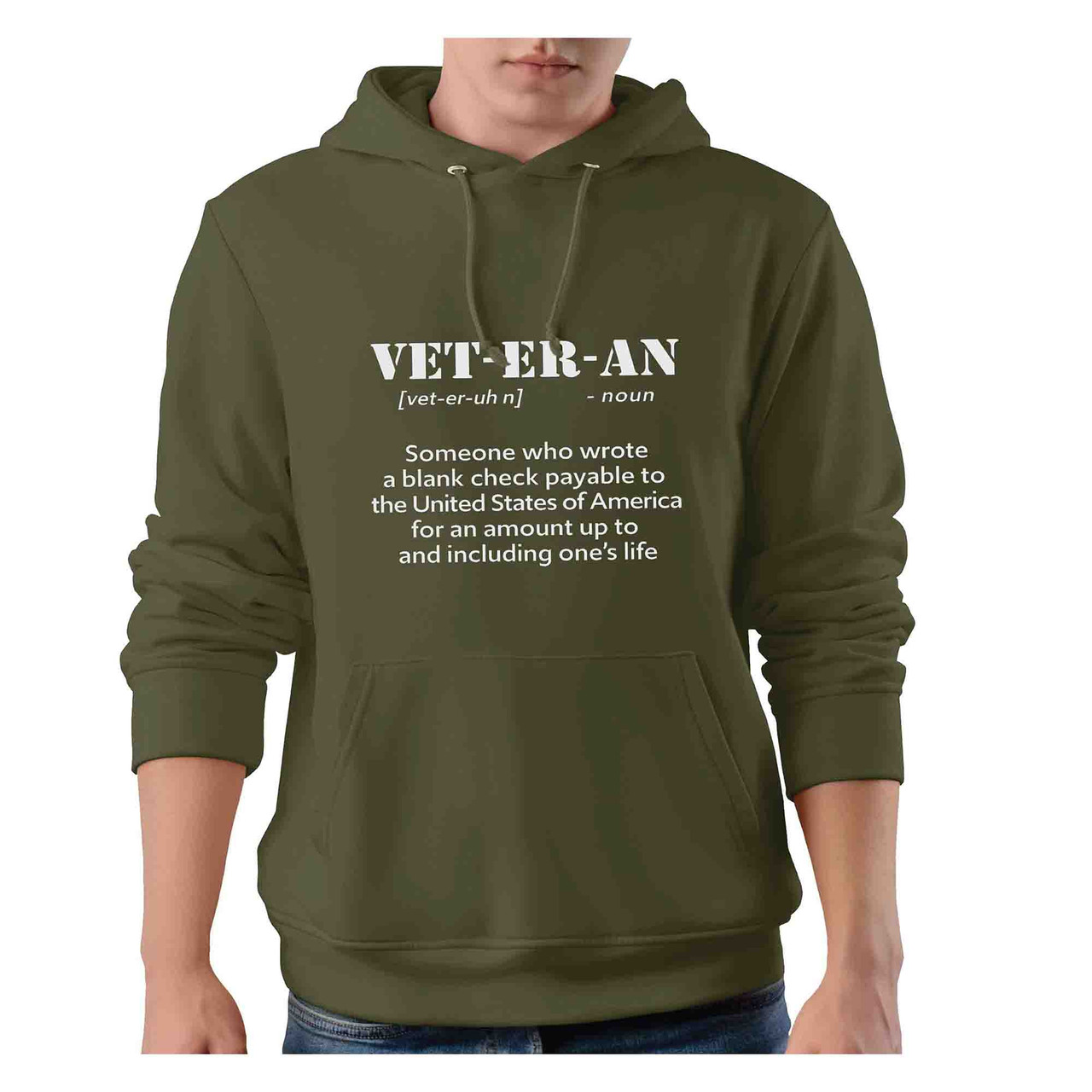 Veteran Definition Olive drab Hoodie with Meaning of Veteran Text front view