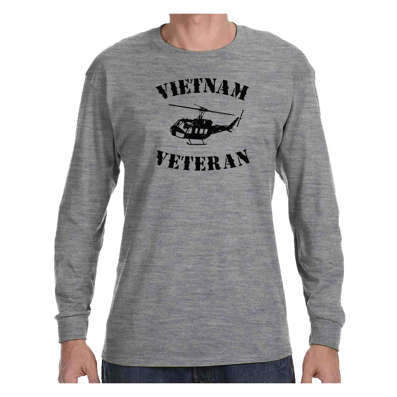 Vietnam Veteran Huey Grey Long Sleeve T-Shirt with Black Vietnam Veteran Text and Black Huey Design front view