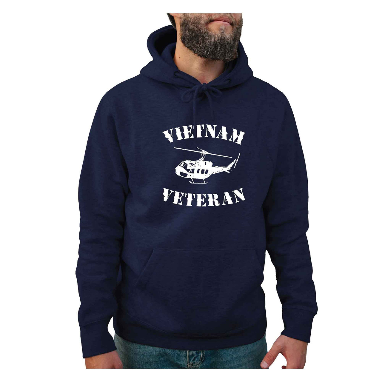 Vietnam Veteran Huey Navy Hoodie with White Vietnam Veteran Text and White Huey Design front view