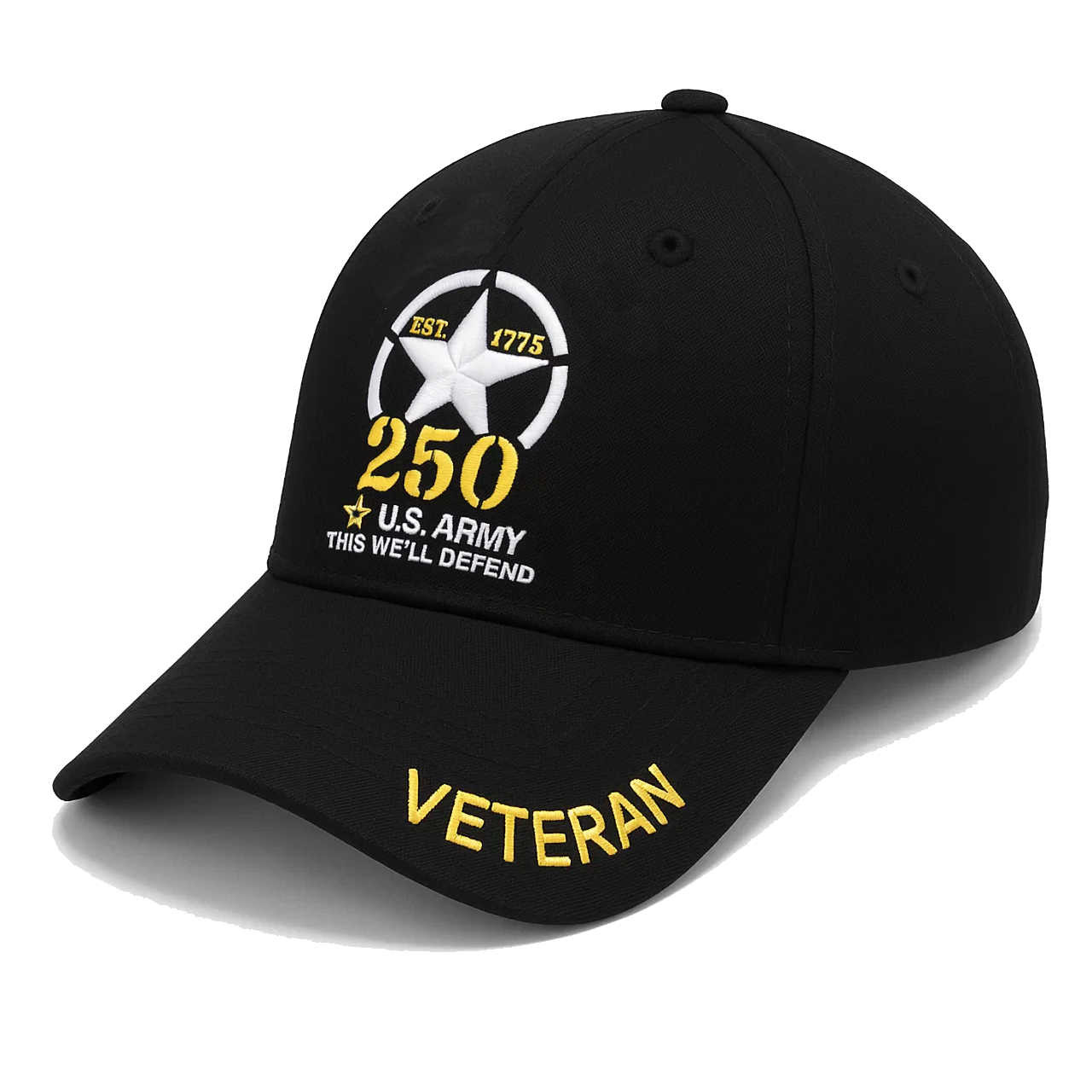 Officially Licensed US Army Veteran 250th Anniversary Logo Embroidered Black Hat main view