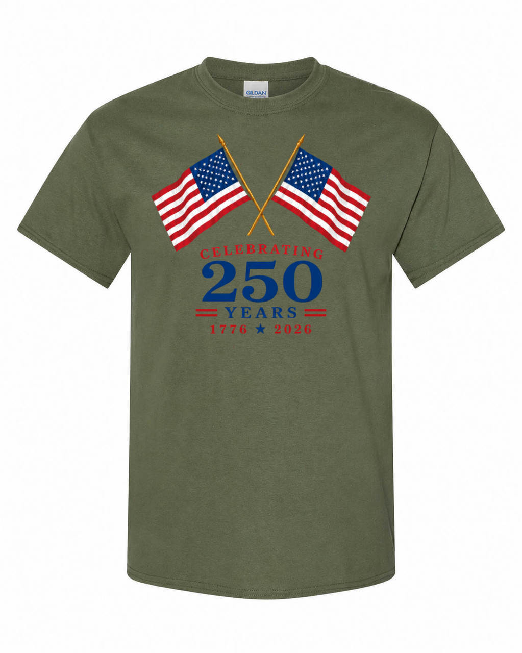 250th Anniversary American Flags Celebration T-Shirt Olive Drab - front view
