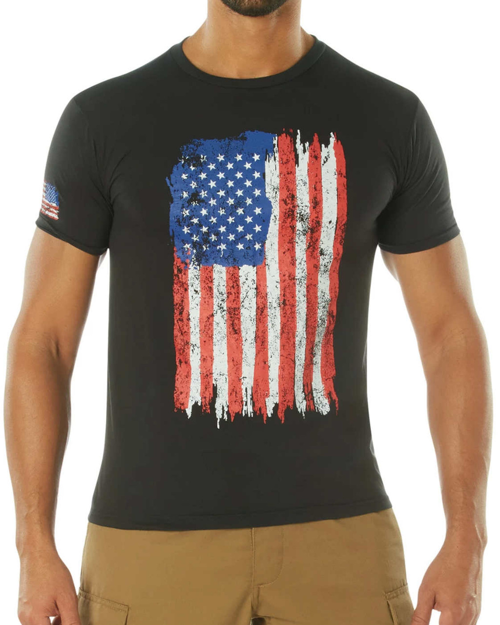 U.S. Flag Graphic T-Shirt Distressed with American Flag on Right Sleeve Front View