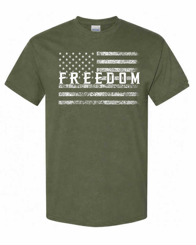 FREEDOM with American Flag Custom T-Shirt Olive Drab - front view
