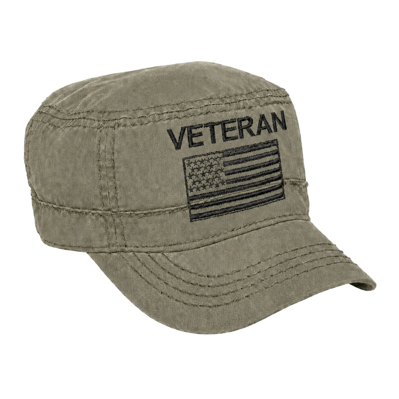 US Veteran Flat Top Hat with Embroidered US Flag - Vintage Olive Drab