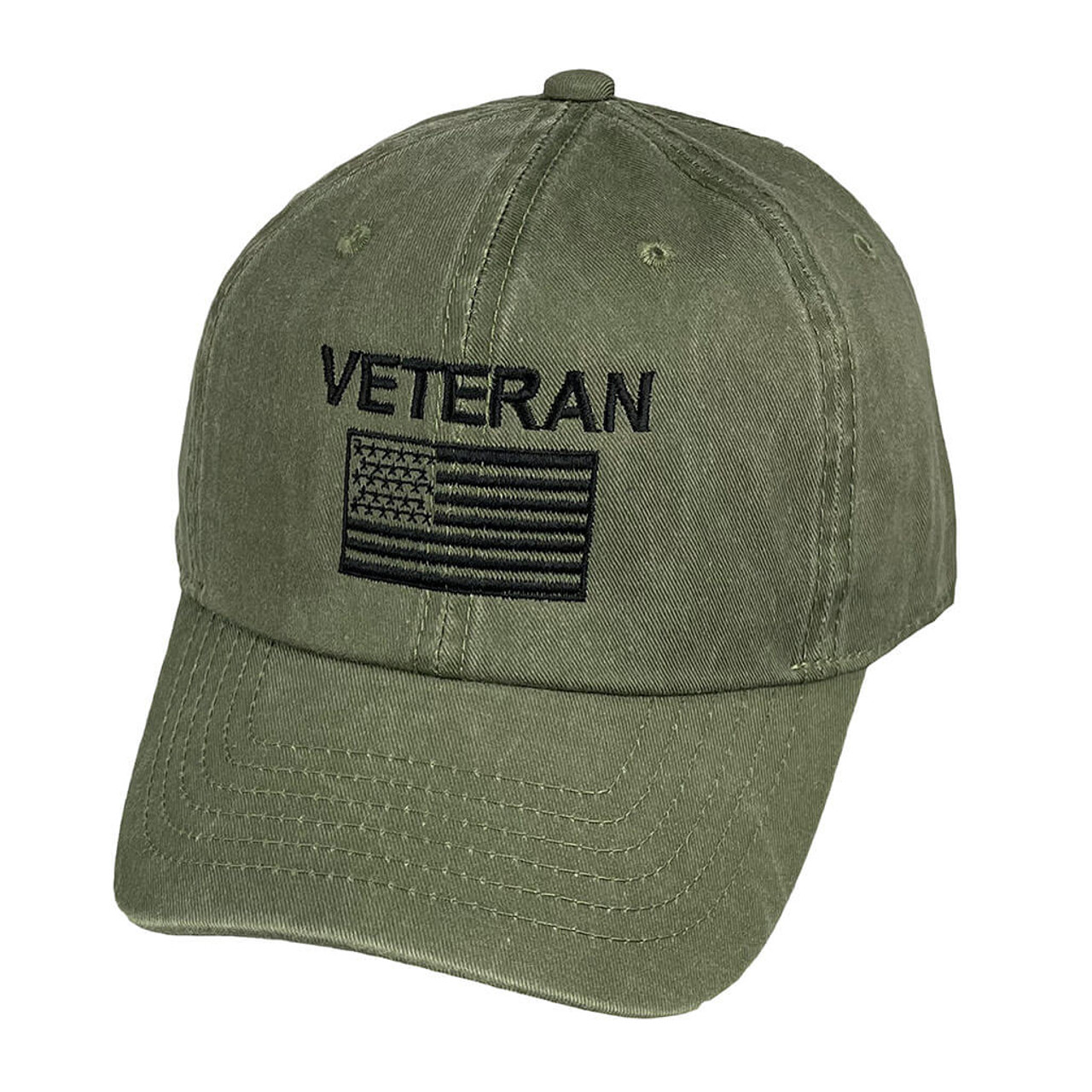 US Veteran Hat with Embroidered US Flag - Olive Drab