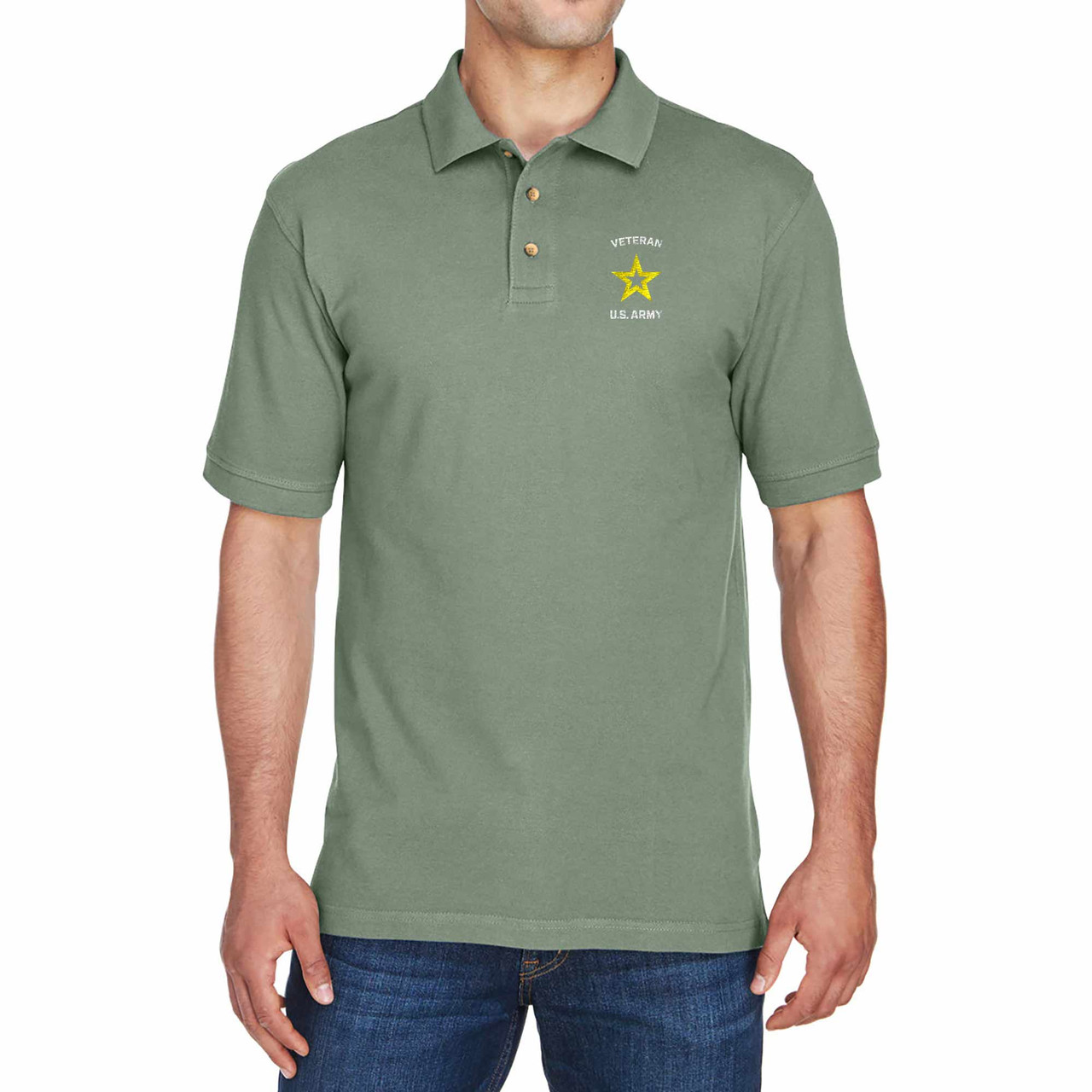 us army veteran embroidered olive drab polo shirt star logo officially licensed front view