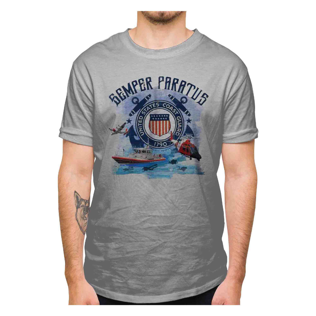 coast guard semper paratus and equipment performance grey tshirt - front view coast guard semper paratus and equipment performance grey tshirt - front view