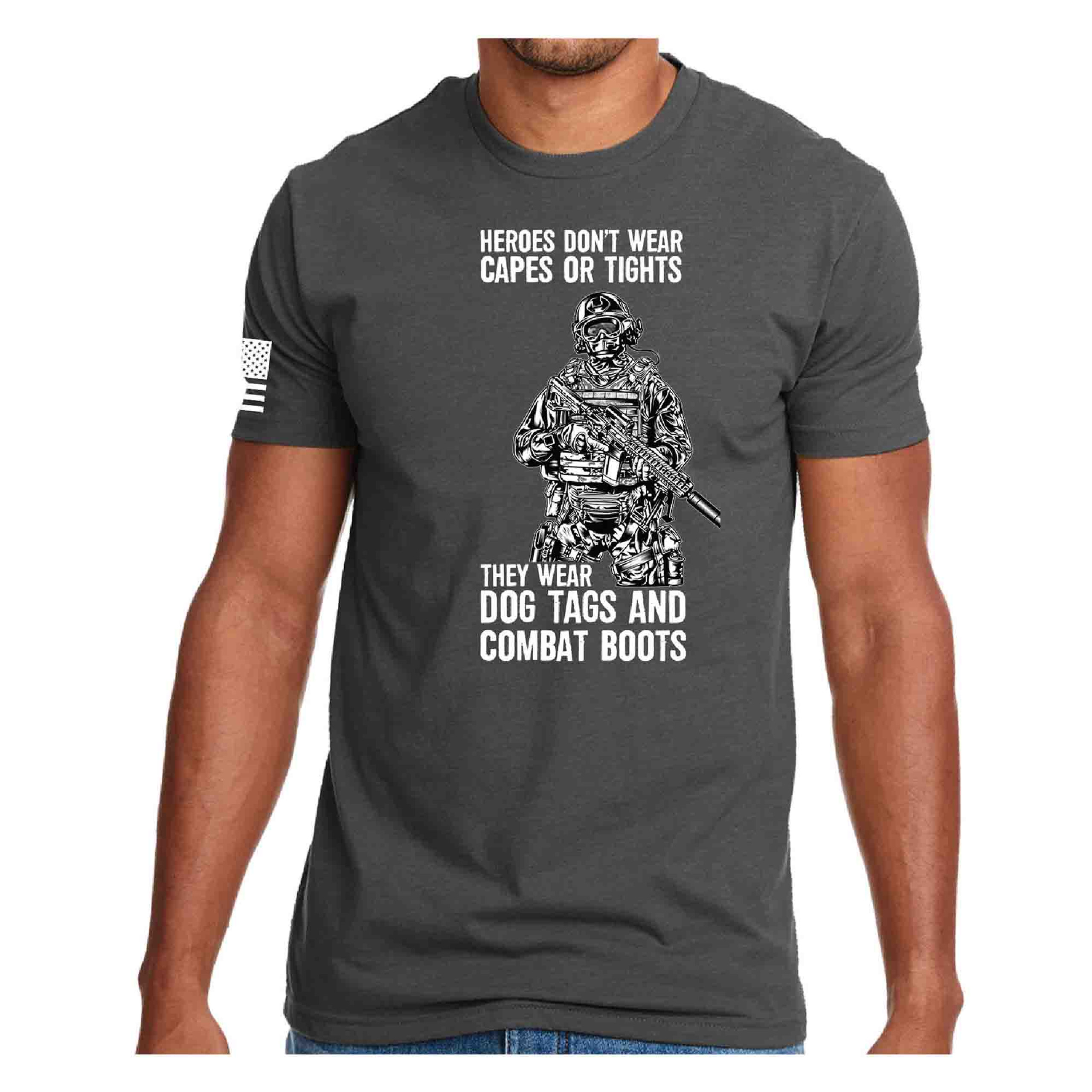 Heroes Wear Dog Tags And Combat Boots T-Shirt with American Flag on Sleeve